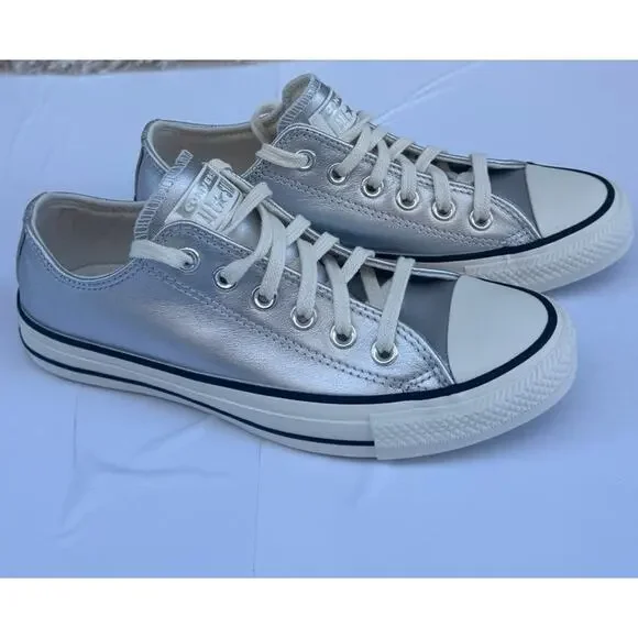 Converse Women's Silver Metallic Chuck Taylor All Star Low Leather Size 7 - Picture 5 of 13